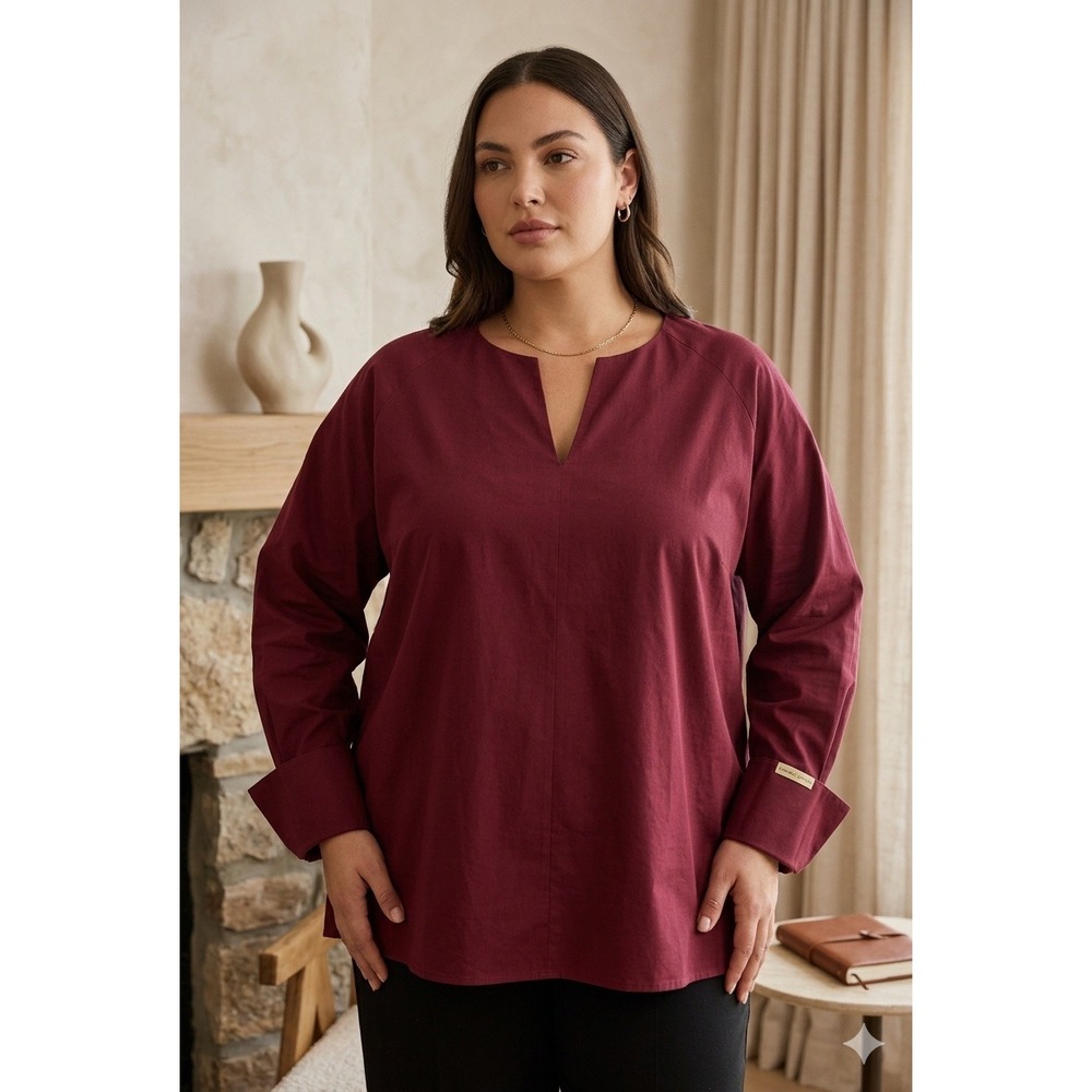HARSHMAN Anthropologie Cerys Cotton Popover Tunic Blouse Quiet Luxury‎ 3X Wine